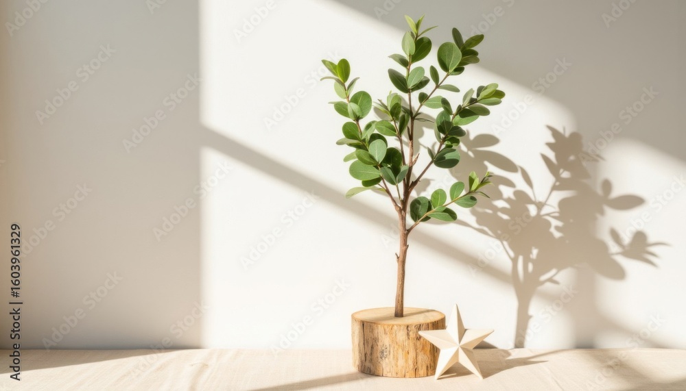Fototapeta premium Decorative indoor plant on wooden base casting shadow in minimalistic interior setting with geometric decor