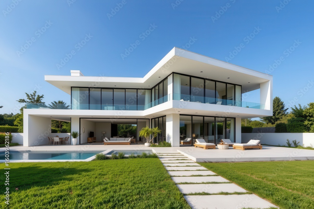 Fototapeta premium large modern villa with angular design full glass walls sharp roof lines and minimalistic outdoor space clear sky