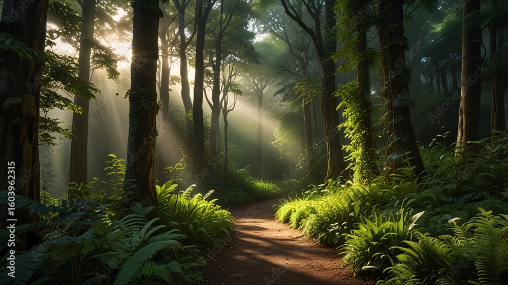 Naklejka premium Enchanted Forest Path with Sunlit Canopy and Lush Green Foliage V7