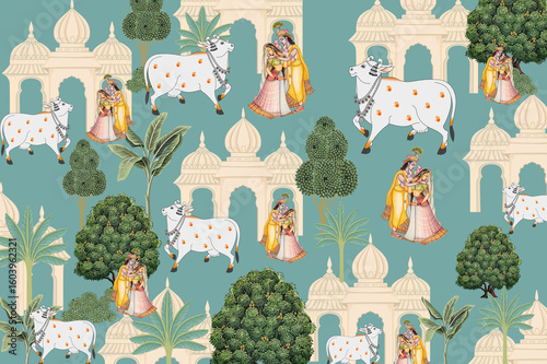 Fotografie Indian Miniature Art design with Tress, Radha Krishna and Pichwai Cow Pattern, Pichwai Wallpaper For Interior Decor