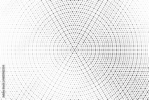 Radial halftone gradient background. Dotted concentric texture with fading effect. Black and white circle shade wallpaper. Grunge rough vector. Monochrome backdrop