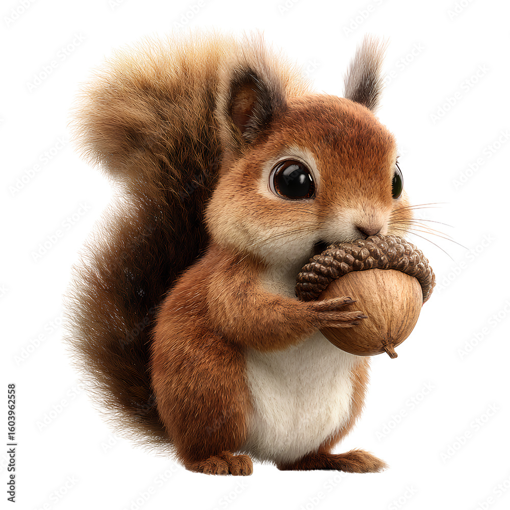 Obraz premium Red Squirrel Holding Acorn with Bushy Tail Curled, Sitting Pose, Isolated on Transparent Background
