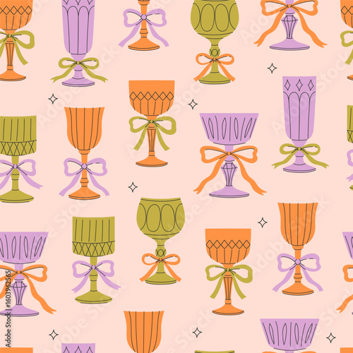 Seamless pattern with crystal glasses of different colors with bows. Vector graphics.