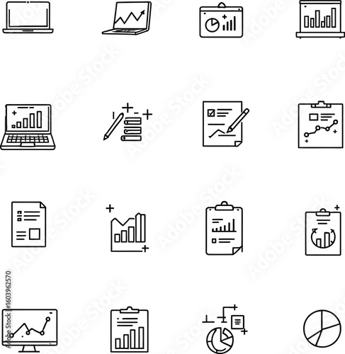 Data Analysis Icon Grid Featuring Laptops, Clipboards, Charts, Graphs, Documents, Coins, and Magnifiers