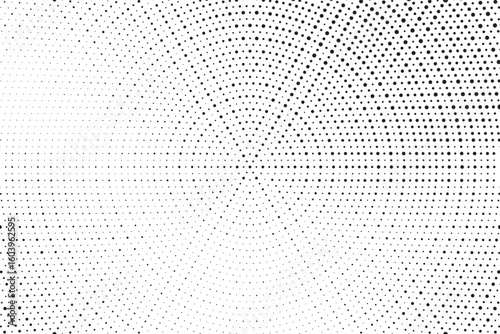 Radial halftone dots. Spotted and dotted stains gradient background. Concentric comic texture with fading effect. Black and white rough gritty wallpaper. Grunge monochrome geometric backdrop. Vector