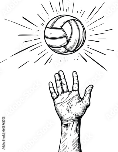 Dynamic Volleyball Reach Icon Featuring Upward Hand Motion and Impact Lines in Black and White Line Art