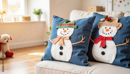 Snowman cushions add festive charm to cozy living room in winter season