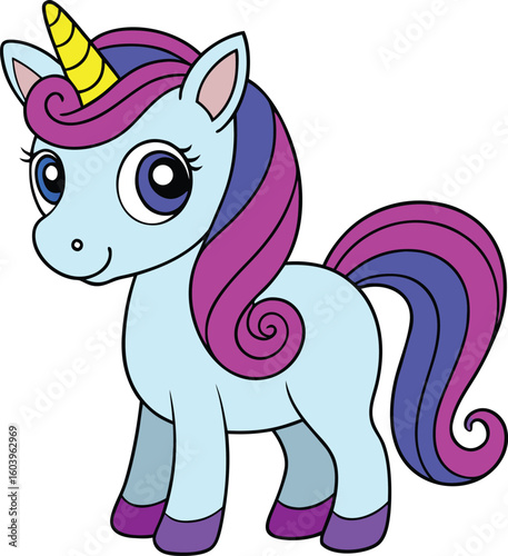 A cute baby unicorn with a yellow horn and vibrant purple and blue mane and tail stands playfully against a white background, exuding joy and innocence.