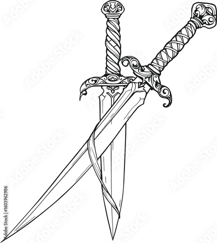 Crossed Swords Icon Featuring Ornate Handles, Twisted Grips, and Intricate Blade Details in Line Art Style