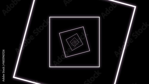 A seamless looping animation featuring glowing neon white and white squares rotating inwards to create a hypnotic tunnel effect. Ideal for futuristic, tech-themed, sci-fi, digital background needs. 