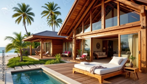 Wallpaper Mural a tropical villa made from natural wood with open beams large windows and palm trees surrounding warm sunlight beach nearby Torontodigital.ca