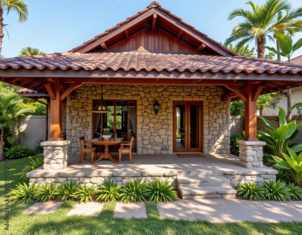 Fototapeta premium stone and wood combined in a tropical villa with shaded veranda tiled roof and surrounding garden soft natural lighting