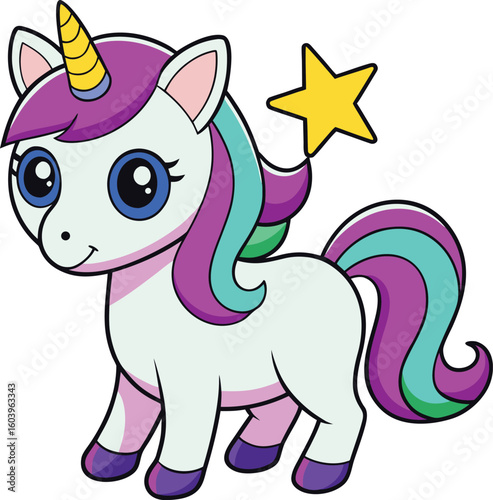 A whimsical, pastel colored unicorn playfully stands with a golden star, radiating joy and magical charm.
