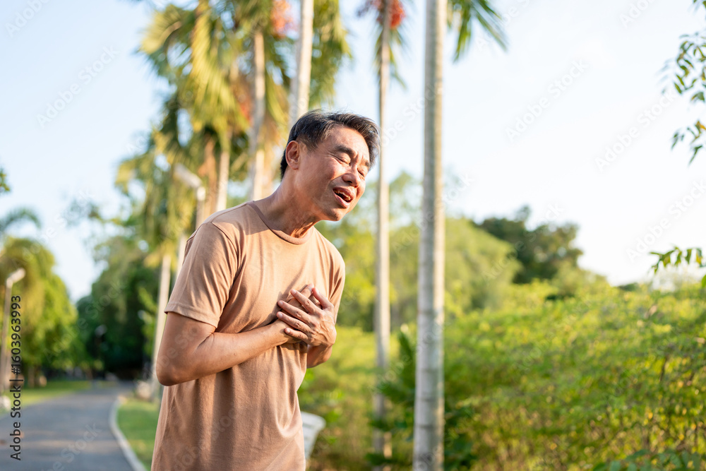 Obraz premium Asian senior elderly man feel pain heart attack while exercise in garden.