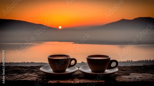 Enjoying Coffee at Sunrise Two Cups Overlooking Scenic Lake and Mountains