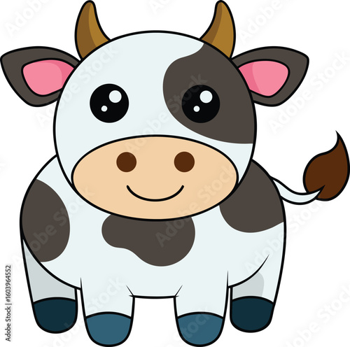 A cheerful cartoon cow with large eyes and black spots stands happily against a white background, conveying innocence and joy.