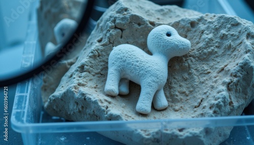 Crafted white figurine resembling a sheep on a natural stone surface in a creative workspace