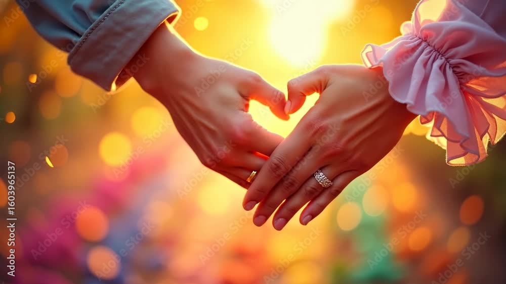 Couple forms heart shape with hands symbolizing love connection and romance in warm glowing sunset background perfect for relationship or wedding themes Couple forms heart shape with hands symbolizing love connection and romance in warm glowing sunset background perfect for relationship or wedding themes