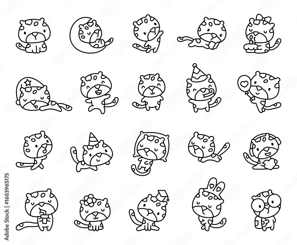 Obraz premium Leopard kawaii character set showing adorable and friendly animals in various cute poses while sleeping, reading, walking, smiling, celebrating and holding different objects