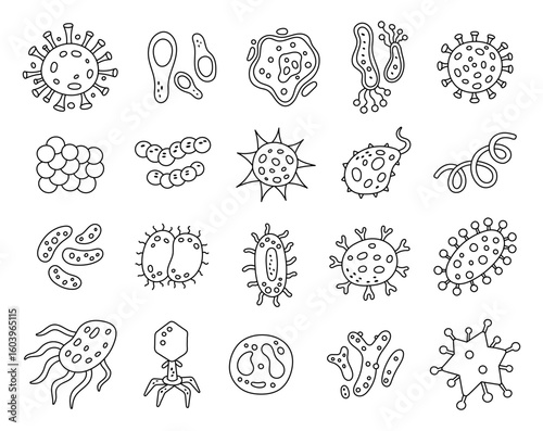 Microscopic virus form set in outline line art with abstract bacteria shapes for your laboratory science and health themed creative medical illustration and creative designs projects
