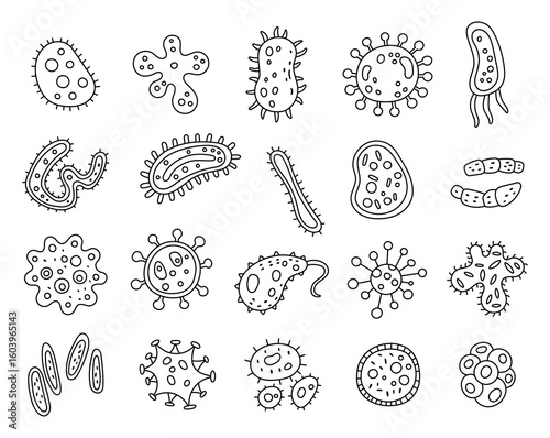 Microscopic organic bacteria form set in outline line art with abstract bacteria shapes for your laboratory science and health themed creative medical illustration and creative designs projects
