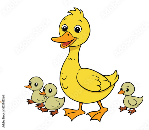 Family of Ducks Cartoon Drawing with Mother Duck and Babies
