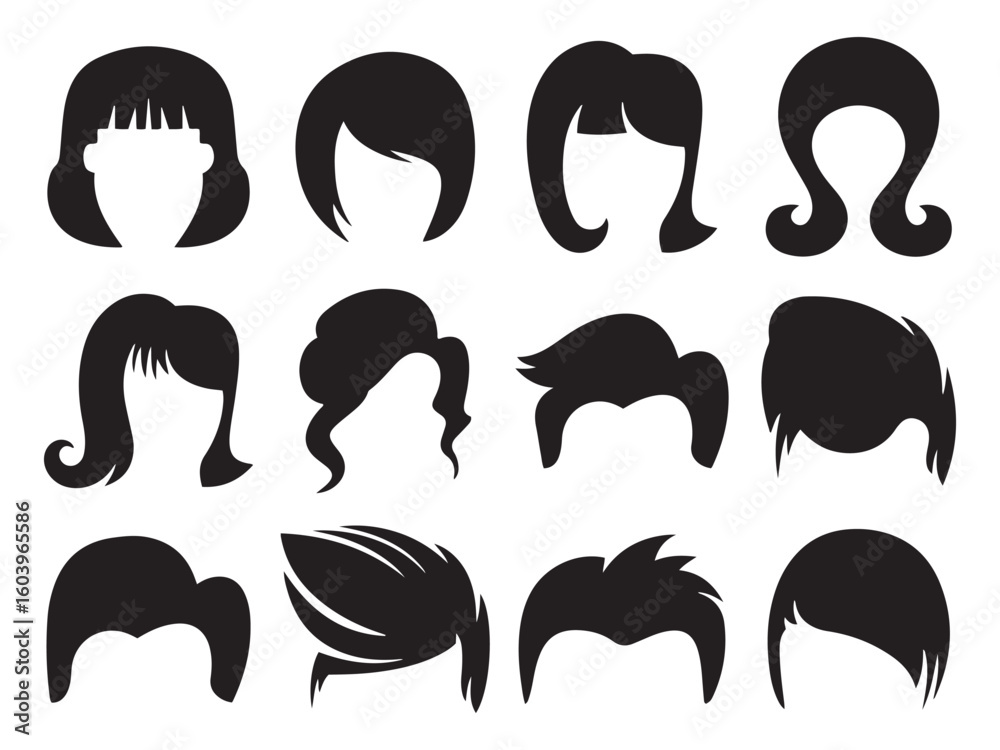 Hair Silhouette Vector Collection. Diverse Hairstyle Icons for Design and Character Customization.