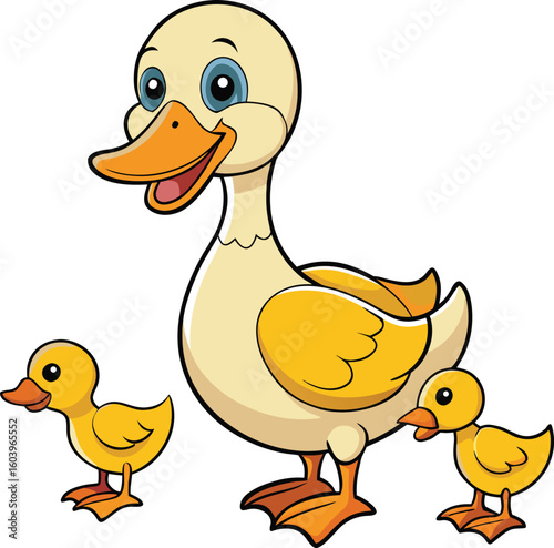 Cheerful Duck with Ducklings Farm Animal Graphic