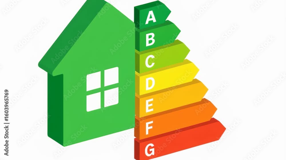 Energy audit of home. Energy efficiency rating scale for green house with yellow orange red arrows symbolizing sustainable living and eco friendly home Energy audit of home. Energy efficiency rating scale for green house with yellow orange red arrows symbolizing sustainable living and eco friendly home