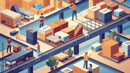 Vector illustration of an e-commerce fulfillment center with conveyor belts, packages, and workers in minimal geometric shapes