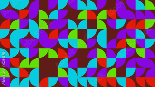 This abstract geometric pattern features vibrant curved shapes arranged in a dynamic layout, creating a colorful and eye-catching design on a brown background.