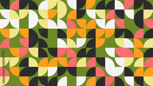 This vibrant abstract pattern features colorful geometric shapes with curves, creating a playful and modern design perfect for various creative projects.