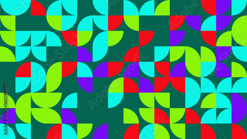 Explore a lively geometric pattern featuring bright shapes and vivid colors, perfect for creative projects and modern design needs. Ideal for backgrounds and textiles.