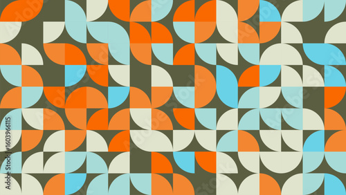Explore this vibrant abstract geometric pattern featuring colorful shapes in orange, blue, and beige. Ideal for backgrounds, textiles, and creative projects.