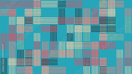 This vibrant abstract pattern features a mix of lines and shapes on a bright blue background, creating a lively and modern visual appeal perfect for various design projects.
