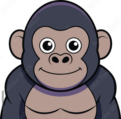 A cheerful young gorilla smiles warmly, its large eyes conveying innocence and gentle happiness against a white background.