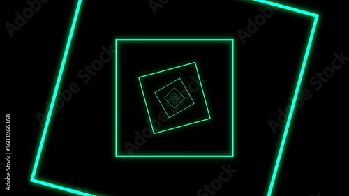 A seamless looping animation featuring glowing neon blue and white squares rotating inwards to create a hypnotic tunnel effect. Ideal for futuristic, tech-themed, sci-fi, or digital background needs. 