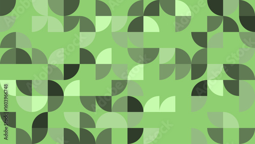 This abstract image showcases a unique arrangement of geometric shapes in various green tones, combining curves and circles with contrasting opacities for a modern look.