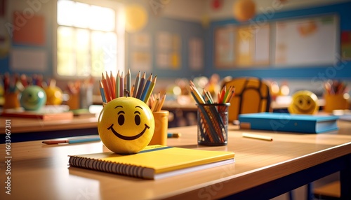 Smiling Face Pencil Holder On A Bright Classroom Desk, cute wallpapers