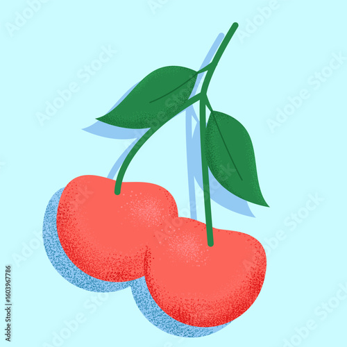 A vibrant illustration of two ripe cherries with green leaves on a pastel blue background, featuring soft grainy shading.