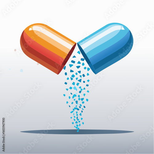 Vector illustration of a capsule pill breaking open with small particles or granules flowing out, designed in flat style with layered elements
