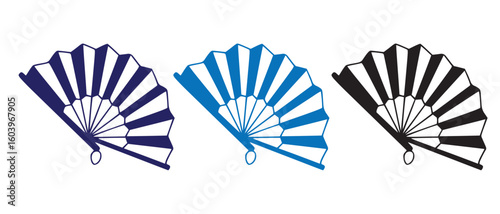 Trio of Folding Fans Icon Set. Elegant Alternating Pattern in Blue, Light Blue & Black.