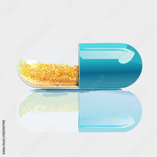 Flat vector capsule with transparency effect showing internal contents like small medicine balls, all elements grouped and layered for easy editing
