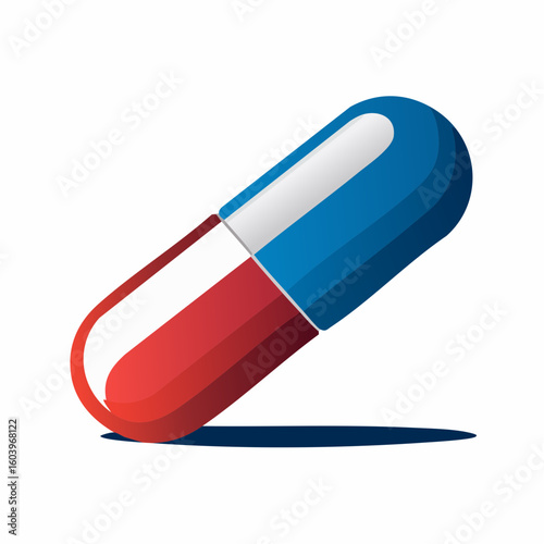 Modern flat vector of a medical capsule rotating in 3D illusion, built with separated front, back, and shadow layers for motion animation