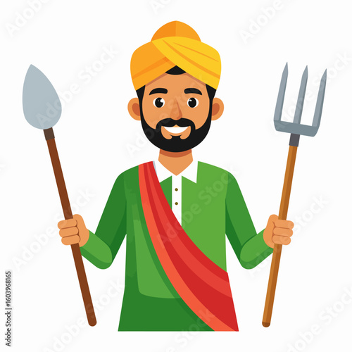 A smiling farmer holding a shovel and pitchfork, ready for work.