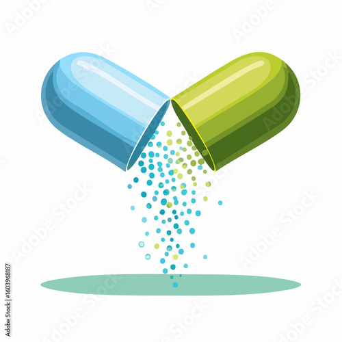 Vector illustration of a capsule pill breaking open with small particles or granules flowing out, designed in flat style with layered elements