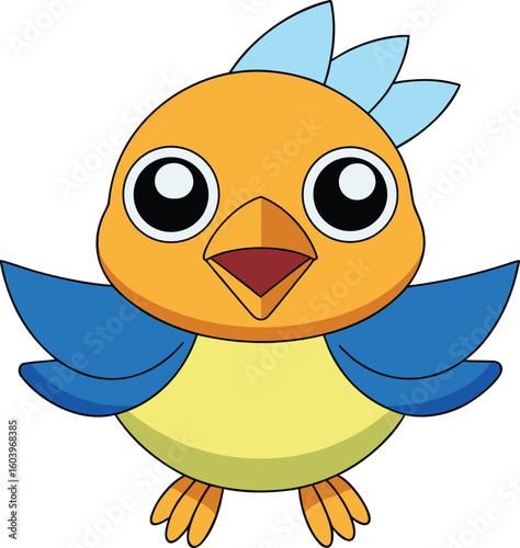 A cheerful cartoon bird with big eyes and blue wings spreads its wings joyfully against a white background.