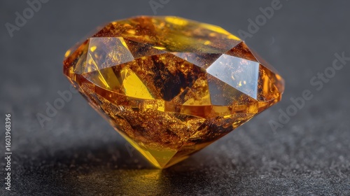 Faceted honey-colored gemstone sparkling with inclusions against dark background. Great for showcasing luxury, wealth, and natural wonders in your design.