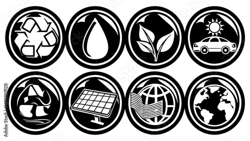Illustration of eight environmental icons depicting recycling, water, plants, and renewable energy sources