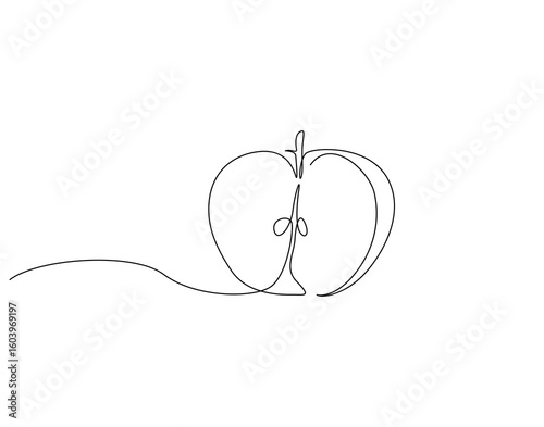 Continuous line drawing of apple slice. Single line illustration of apple fruit. Healty fruit concept. Editable outline